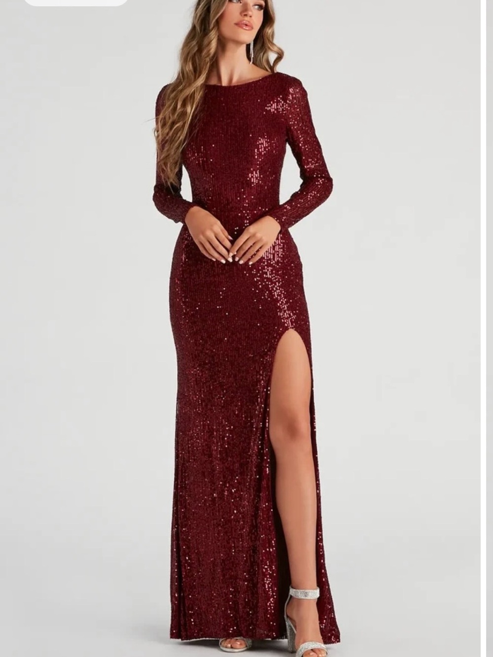 Windsor Burgundy Sequin Long Sleeve Gown with High Slit